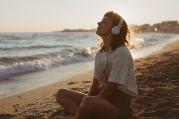 Young traveller at the beach with headphones