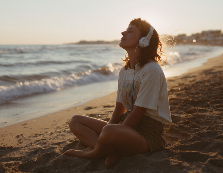 Young traveller at the beach with headphones