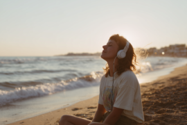 Young woman enjoying the sunset with headphones at the beach